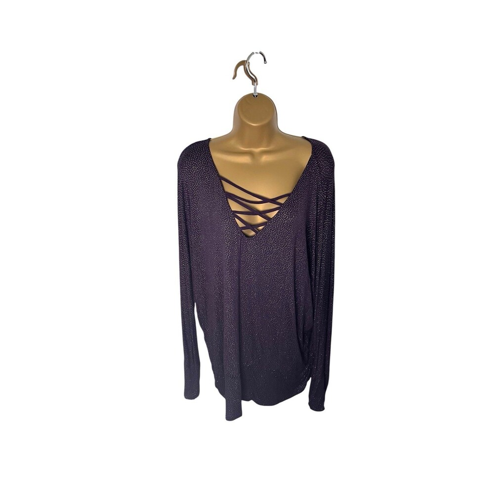 Jennifer Lopez Glitter Dot Criss Cross Top Batwing Sleeve Purple XL